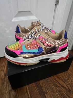 Fashion Nova Rainbow Sequin Chunky Sneakers - Gold & Pink Accents